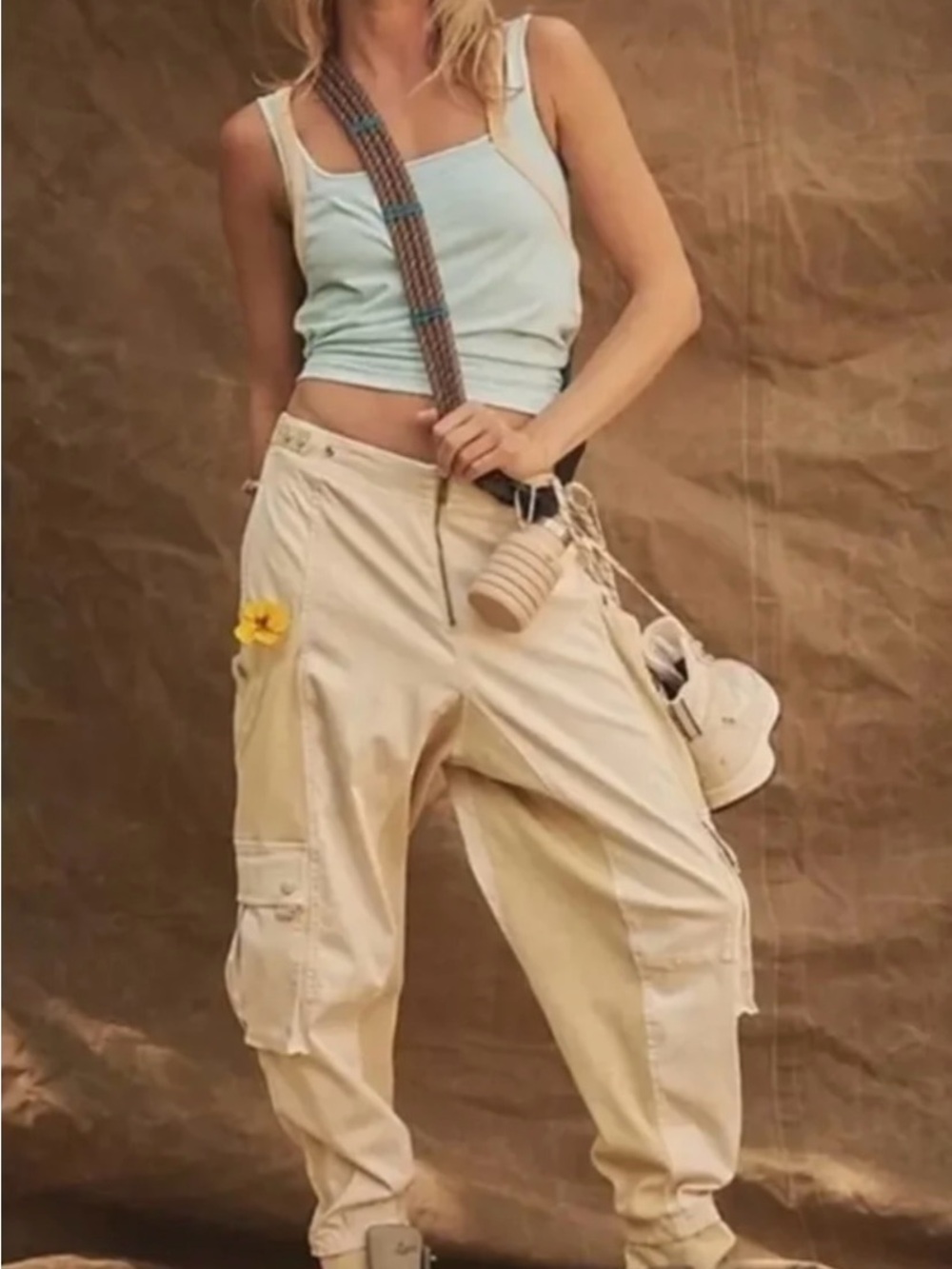 Free People Beige Cargo Joggers with Utility Pockets